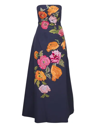 Carolina Herrera Floral-embroidered Strapless Midi Dress In Blue