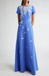 Carolina Herrera Floral Embroidered Stretch Crepe Gown With Bows In Blue