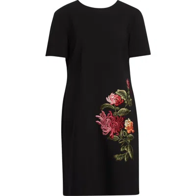 Carolina Herrera Floral Embroidered Stretch Wool Shift Dress In Black