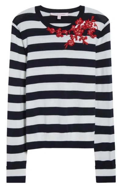 Carolina Herrera Floral Embroidered Stripe Silk & Cotton Sweater