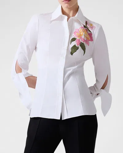 Carolina Herrera Floral Embroidered Tie-sleeve Button-down Shirt In White Multi
