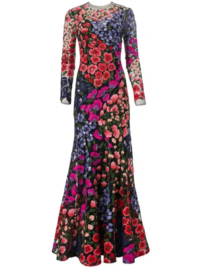 Carolina Herrera Floral-embroidered Tulle Gown In Green
