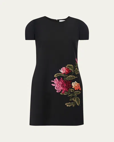 CAROLINA HERRERA FLORAL EMBROIDERED WOOL MINI SHIFT DRESS