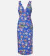 Carolina Herrera Floral Gathered Cotton-blend Midi Dress In Blue