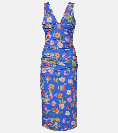 Carolina Herrera Floral Gathered Cotton-blend Midi Dress In Blue