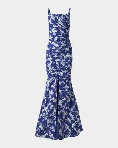 CAROLINA HERRERA FLORAL GATHERED SLIT GOWN