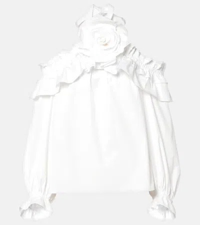 Carolina Herrera Halterneck Ruffled Top Floral Embellishment In White