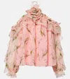 Carolina Herrera Rose Halter Ruffle Long-sleeve Silk Top In Pink