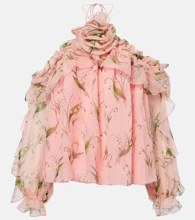 Carolina Herrera Rose Halter Ruffle Long-sleeve Silk Top In Shell Pink Multi