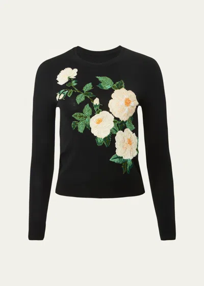 Carolina Herrera Floral Intarsia Wool Sweater In Black