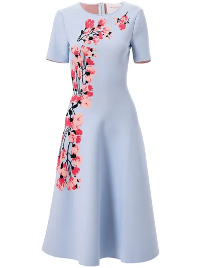 Carolina Herrera Floral Jacquard Short-sleeve Flare Dress In Celeste Multi
