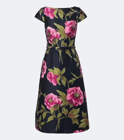 Carolina Herrera Metallic Floral Jacquard Short-sleeve Belted Midi Dress In Multi