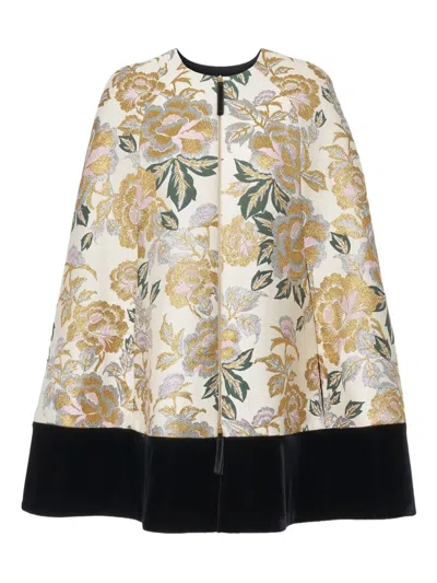 CAROLINA HERRERA FLORAL-JACQUARD VELVET-TRIM CAPE