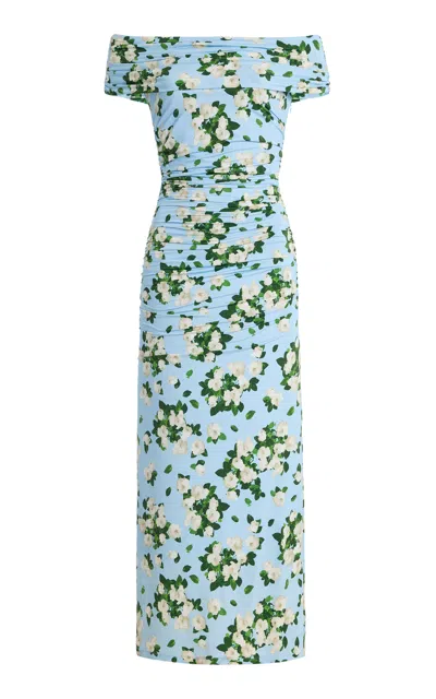 Carolina Herrera Floral Print Ruched Off The Shoulder Jersey Dress In Blue