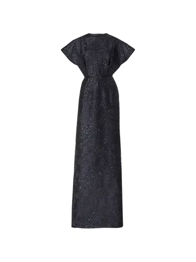 Carolina Herrera Floral Lurex Jacquard Fan-bodice Gown In Blue