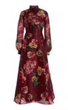 Carolina Herrera Floral Mock Neck Silk Midi Dress In Red