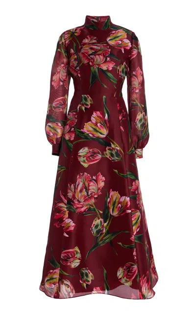 Carolina Herrera Floral Mock Neck Silk Midi Dress In Red