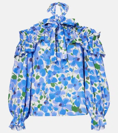 CAROLINA HERRERA FLORAL OFF-SHOULDER COTTON-BLEND TOP