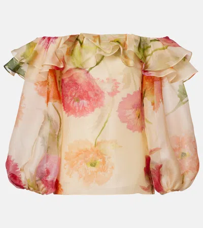Carolina Herrera Poppy Print Silk Organza Off The Shoulder Top In Neutral