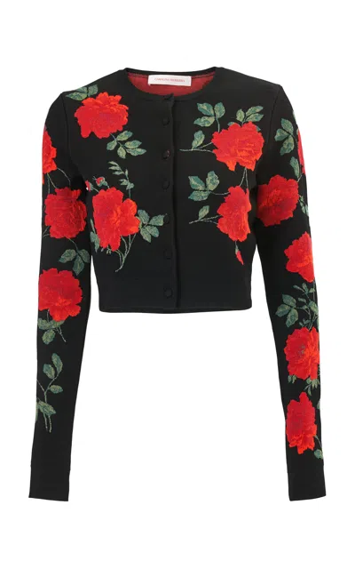 Carolina Herrera Floral  Patterned Jacquard Cardigan In Black