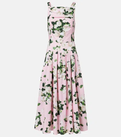 Carolina Herrera Floral Pleated Cotton-blend Midi Dress In Pink