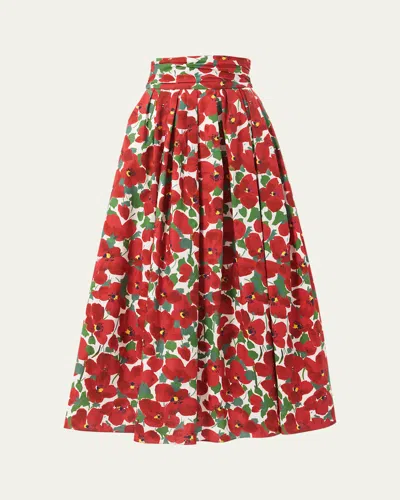 Carolina Herrera Floral Pleated Cummerbund Midi Skirt In Herrera Red Mul