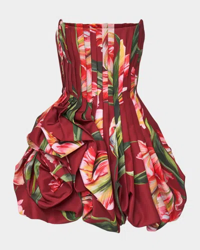 CAROLINA HERRERA FLORAL PLEATED DRAPED MINI DRESS