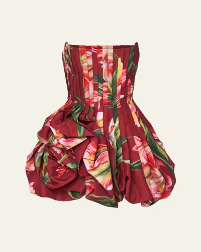 CAROLINA HERRERA FLORAL PLEATED DRAPED MINI DRESS
