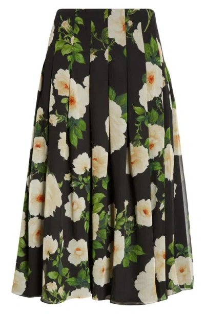 Carolina Herrera Floral Pleated Silk Midi Skirt In Black