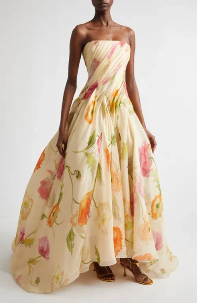 Carolina Herrera Strapless Draped Floral-print Silk-organza Gown In Multi