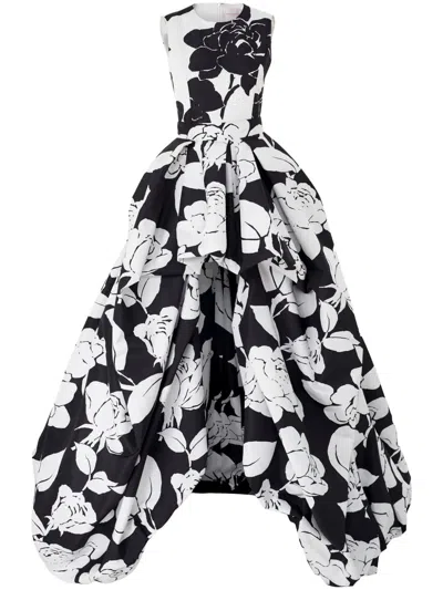 Carolina Herrera Floral-print Asymmetric Gown In 黑色