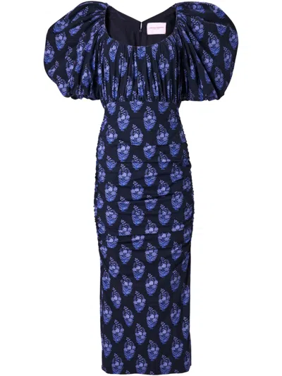 Carolina Herrera Gathered Floral-print Cotton-blend Poplin Midi Dress In Blue