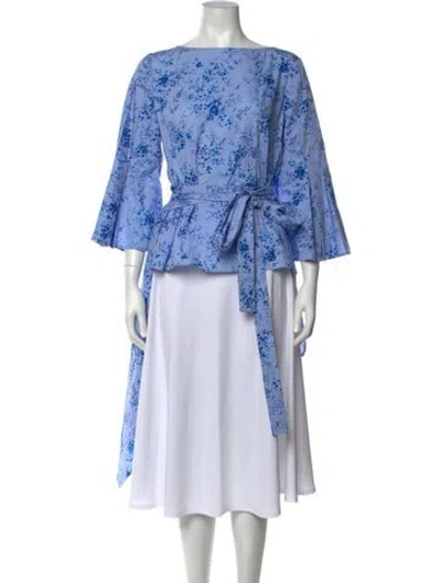 Pre-owned Carolina Herrera Floral Print Bateau Neckline Blouse In Blue