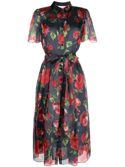 Carolina Herrera Floral-print Belted Silk Shirt Dress In Midnight Blue