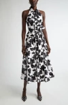 Carolina Herrera Floral Print Belted Stretch Cotton Shirtdress In Black