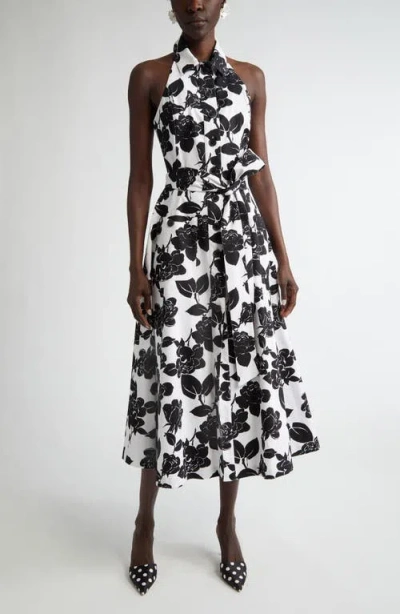 Carolina Herrera Floral Print Belted Stretch Cotton Shirtdress In Black