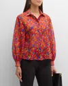 CAROLINA HERRERA FLORAL-PRINT BUTTON-FRONT TOP WITH BALLOON SLEEVES