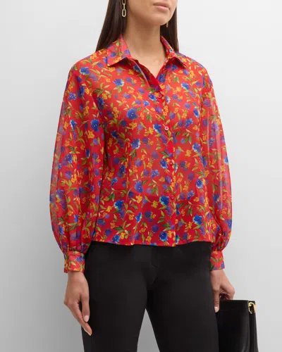 Carolina Herrera Floral-print Balloon-sleeve Blouse In Red