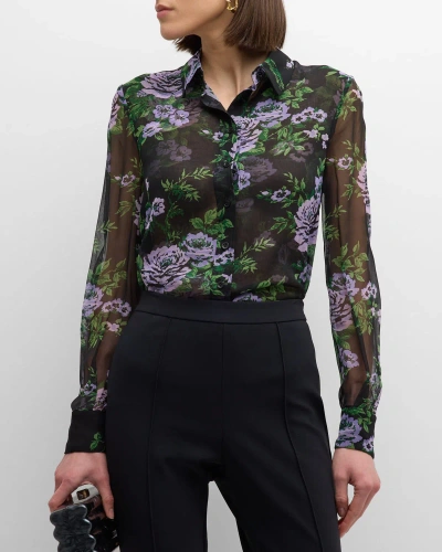 Carolina Herrera Floral-print Collared Chiffon Silk Blouse In Black Multi