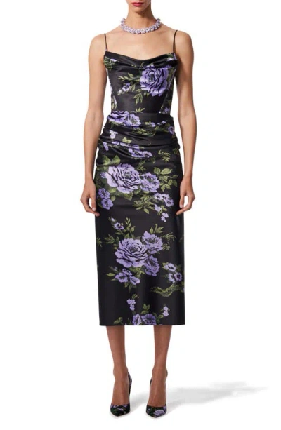 Carolina Herrera Draped Floral-print Satin Midi Dress In Black Multi