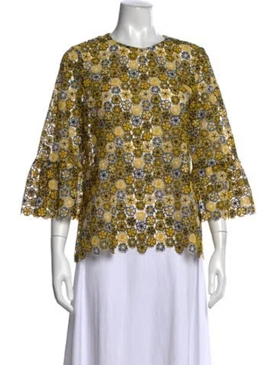 Pre-owned Carolina Herrera Floral Print Crew Neck Blouse In Yellow