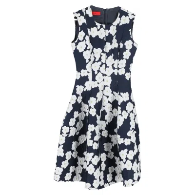 Carolina Herrera Floral Print Knee-length Dress In Navy And White Polyester In Blue