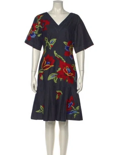Pre-owned Carolina Herrera Floral Print Knee-length Dress In Blue