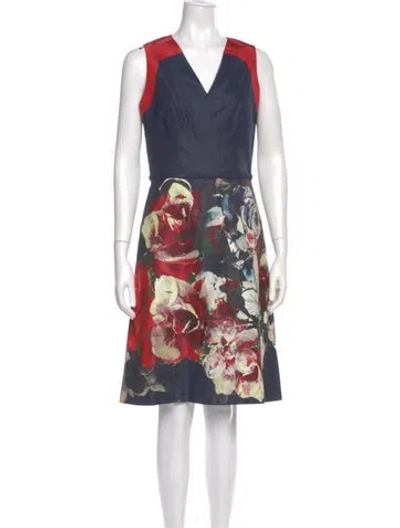Pre-owned Carolina Herrera Floral Print Knee-length Dress In Blue