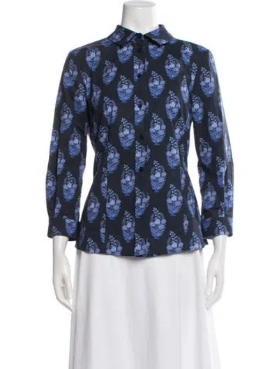 Pre-owned Carolina Herrera Floral Print Long Sleeve Blouse In Blue