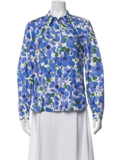Pre-owned Carolina Herrera Floral Print Long Sleeve Blouse In Blue/white