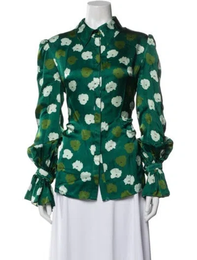 Pre-owned Carolina Herrera Floral Print Long Sleeve Blouse In Green