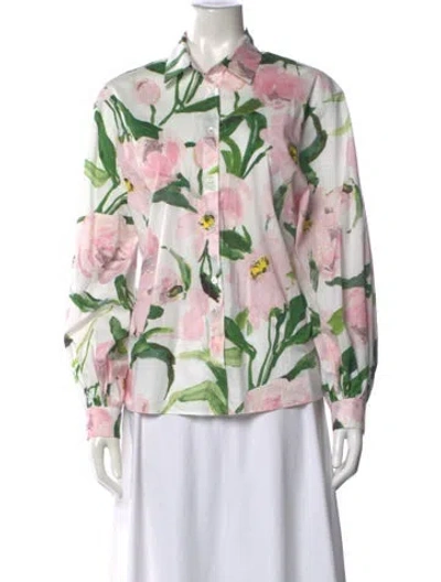 Pre-owned Carolina Herrera Floral Print Long Sleeve Blouse In White