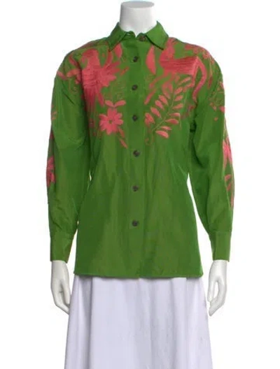 Pre-owned Carolina Herrera Floral Print Long Sleeve Button-up Top W/ Tags In Green