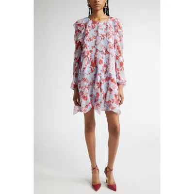 Carolina Herrera Floral Print Long Sleeve Tiered Ruffle Silk Chiffon Minidress In Celeste Multi